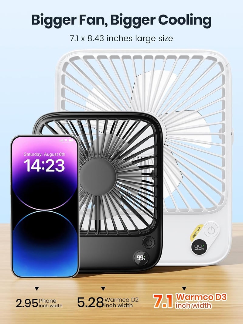 Warmco 10000mAh Portable Travel Fan 7-inch, Max 24H Runtime, Ultra-thin Quiet Rechargeable Battery Operated Desk Fan with Digital Display for Camping, Office, Bedroom, Cruise Essentials White - Image 3